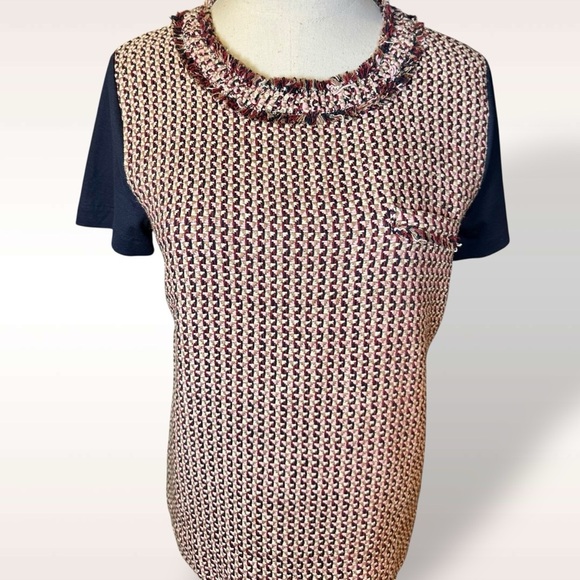 J. Crew Navy Blue, Burgundy & Camel Silk-Blend Tweed Front Tee Size Small - Picture 13 of 13
